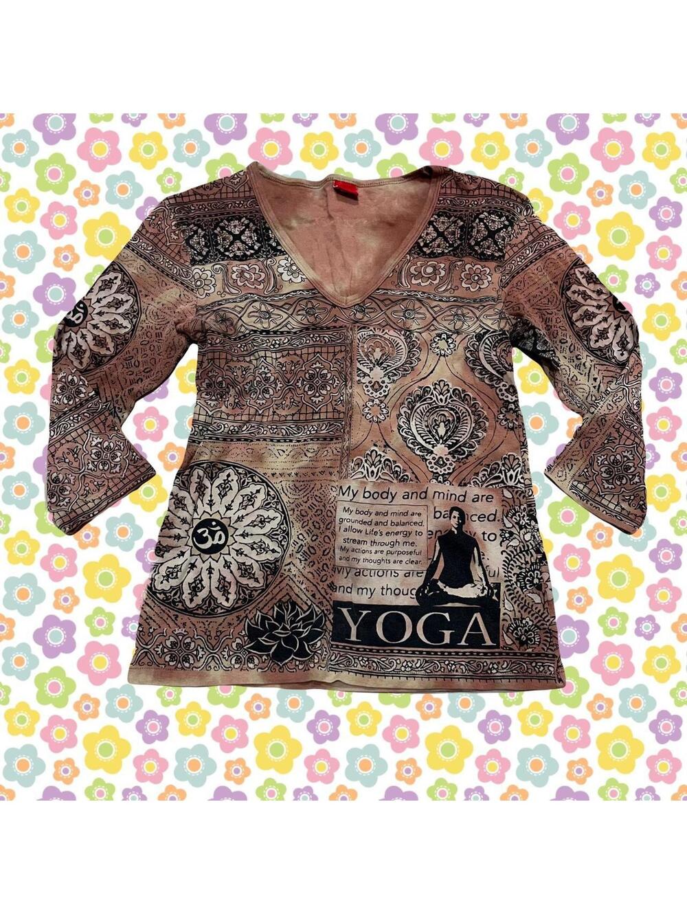 y2k brown gilma yoga lotus om symbol 3/4 sleeve top